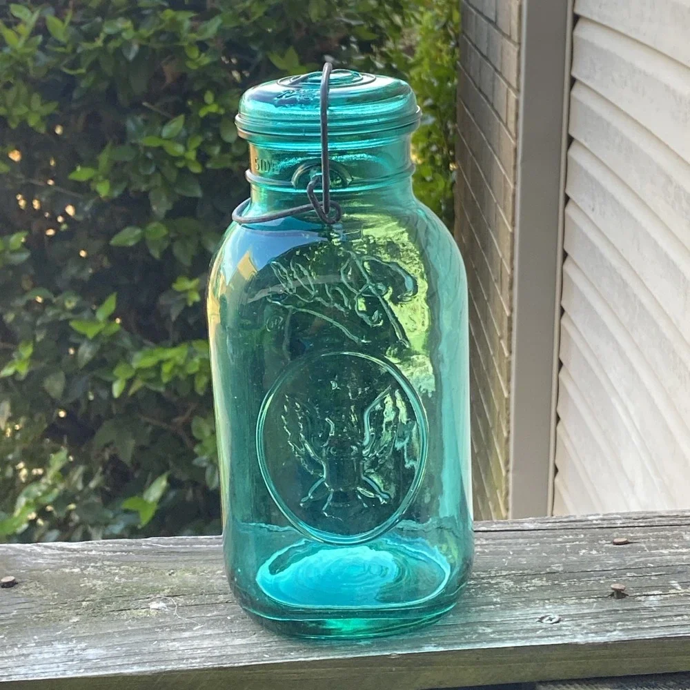 Vintage Ball Ideal Bicentennial Eagle Half-Gallon Mason Jar USA w/Wire Bail Blue